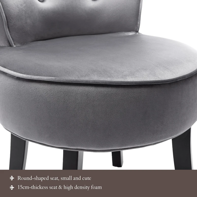 Velvet Upholstered Dressing Table Chair with Oak Legs, Button Tufted Pattern, Ergonomic Design, 45x38.5x58 cm, Gray