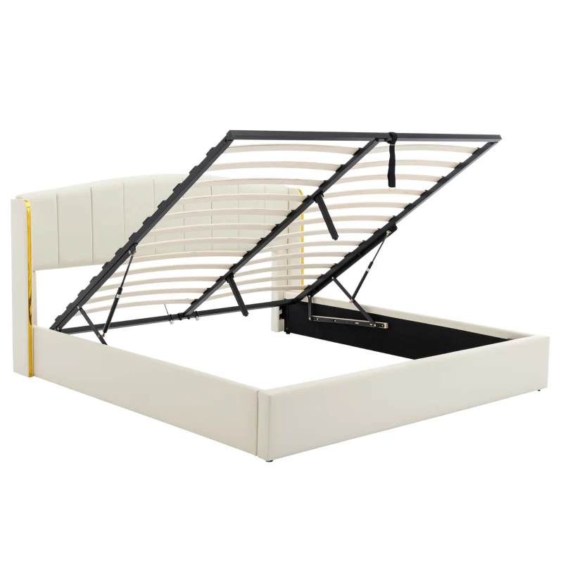 Stylish Upholstered Double Bed with Hydraulic Storage, Gold Edge Ear Design, PU Material, Slat Frame and Headboard, 143x198x106 cm, Beige