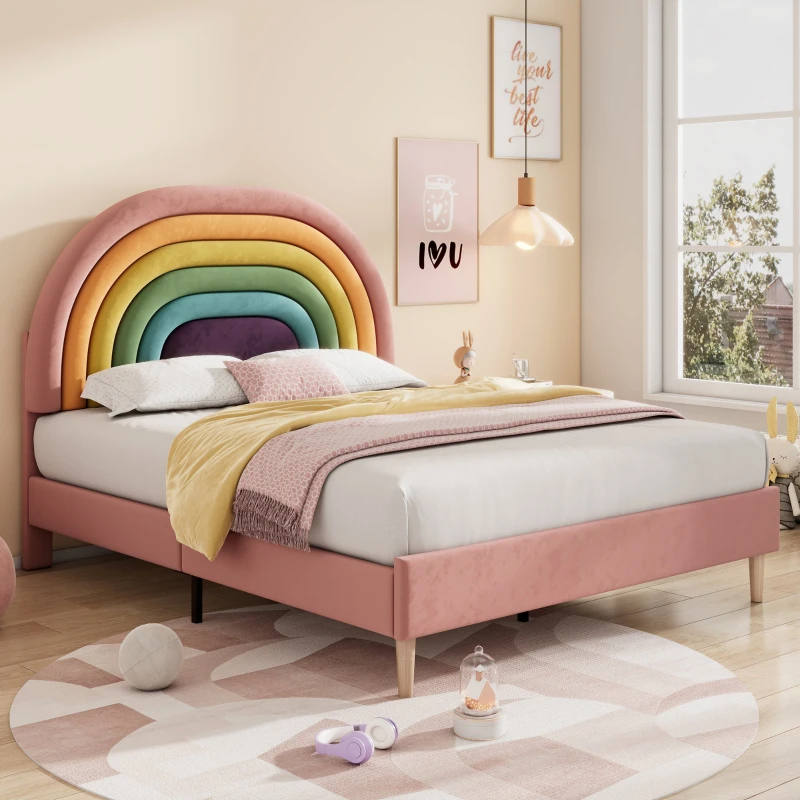 Upholstered Childrens Double Bed with Slatted Frame and Adjustable Headboard, Velvet Fabric, Easy Assembly, 137x196x118.5 cm, Pink