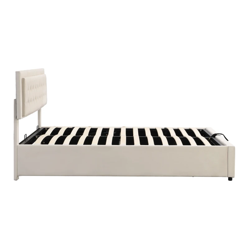 King Size Upholstered Bed with Velvet Fabric, Adjustable Headboard and Large Storage Space, 156x200x101 cm, Cream