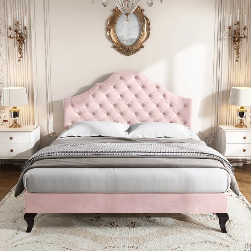 Upholstered Wooden Double Bed Frame with Adjustable Headboard, Velvet Fabric, Luxurious Slat Bed for Bedroom, 137x193x124 cm, Pink