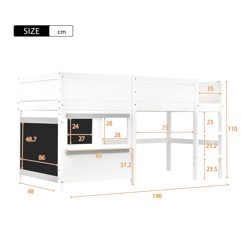 Children's Bunk Bed with Blackboard and Shelf, Pinewood Frame, Kids Storage Solution, 196x98x110 cm, White