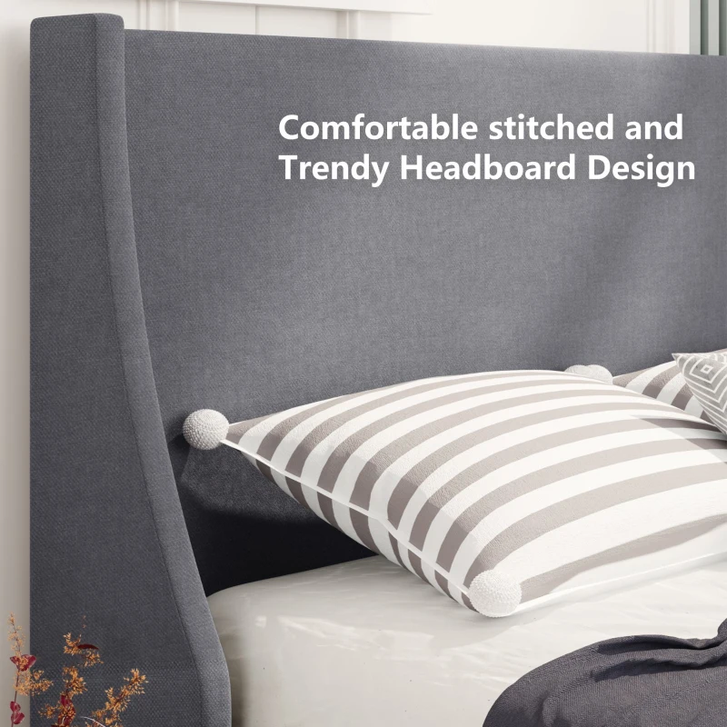 Upholstered Single Bed Frame with Winged Headboard, Wood Slat Support, Easy Assembly, 97x197x96 cm, Grey