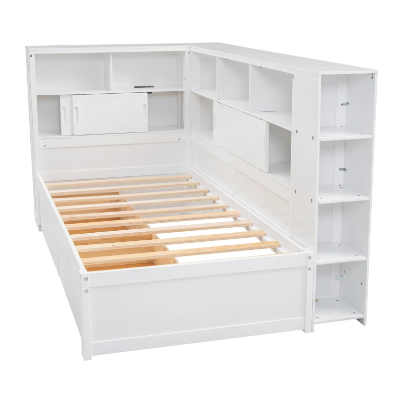 Multifunctional Single Bed Platform Bed with Trundle, Bookcase, USB Port, and Storage Drawers, 216x123x110 cm, White