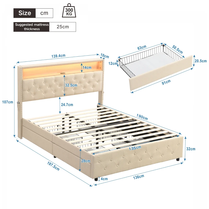 Upholstered Double Bed with LED Light, Bedside Pocket Design, Four Storage Drawers, Slatted Frame, Linen, 139.4x197.5x107 cm, Beige