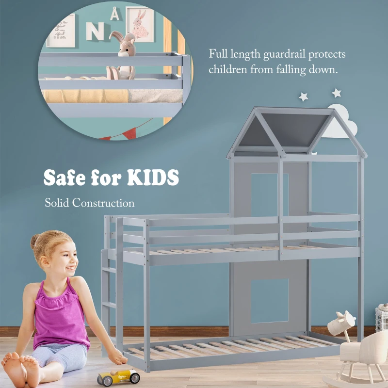 Wooden Mid Sleeper Beds with Treehouse Canopy, Ladder and Guard Rail, Bunk Beds for Kids with Space-Saving Design, 206x97.8x209 cm, Grey