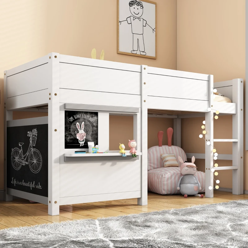 Children's Bunk Bed with Blackboard and Shelf, Pinewood Frame, Kids Storage Solution, 196x98x110 cm, White