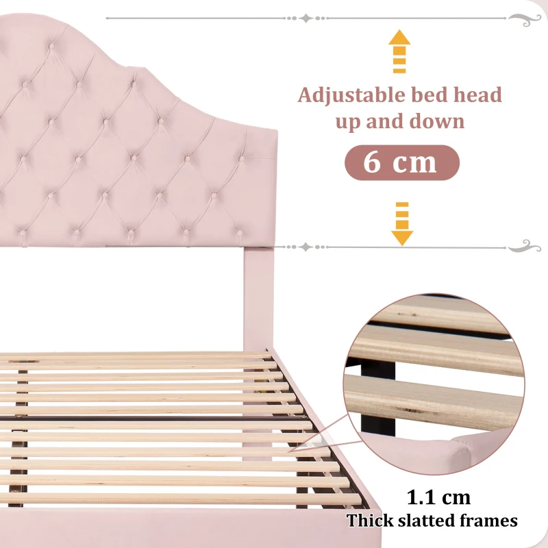 Upholstered Wooden Double Bed Frame with Adjustable Headboard, Velvet Fabric, Luxurious Slat Bed for Bedroom, 137x193x124 cm, Pink