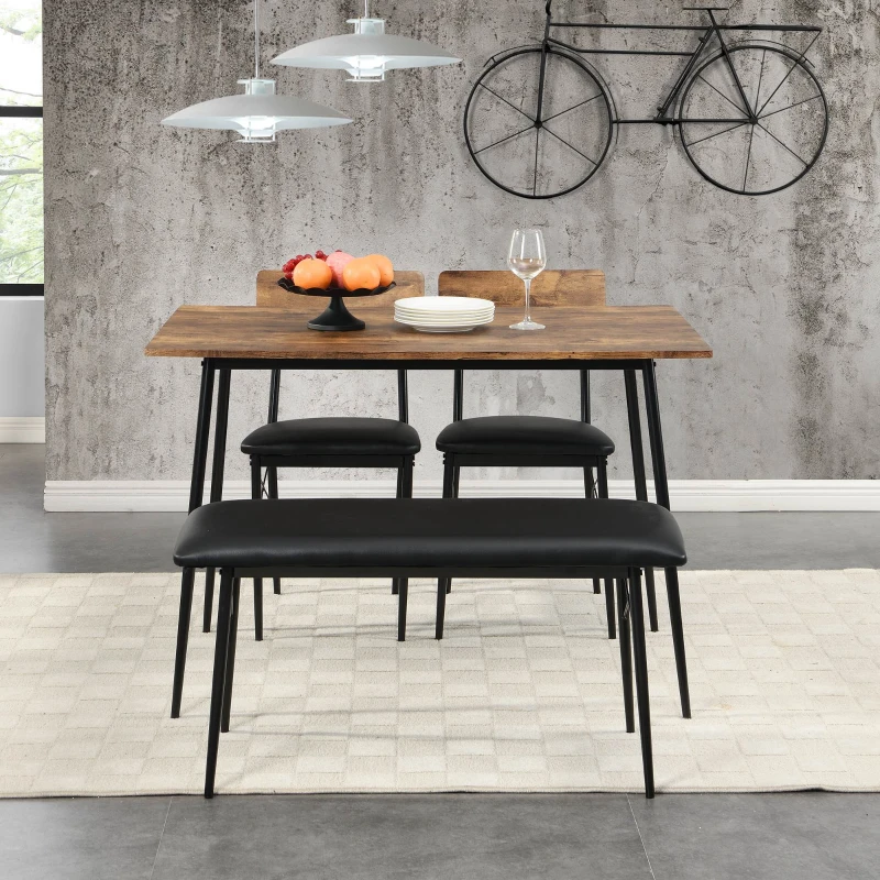 Industrial Dining Table and Chairs Set with Bench, Retro Kitchen Dining Set, MDF and Steel Frame, 110x70x79 cm, Brown