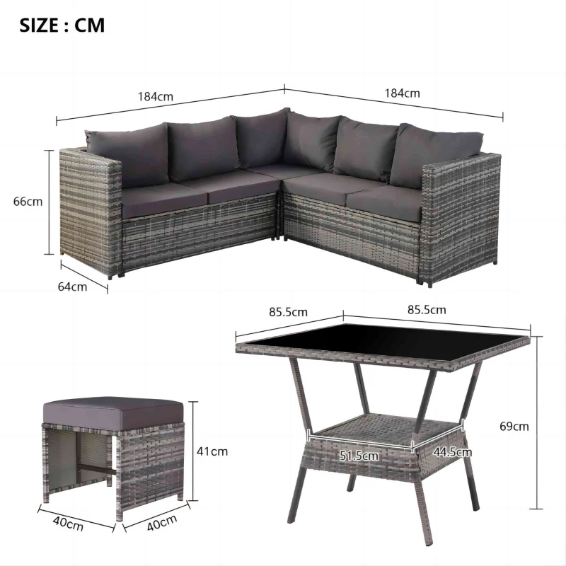 7 Seater Rattan Garden Patio Corner Sofa Set with High Glass Top Dining Table, 184x184x66 cm, Grey