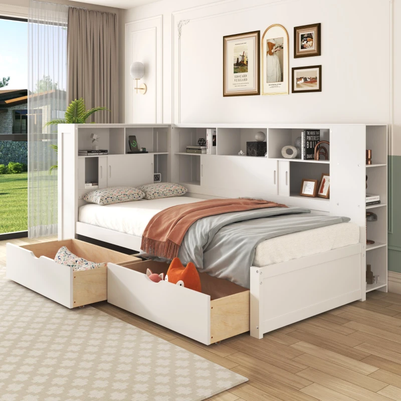 Multifunctional Single Bed Platform Bed with Trundle, Bookcase, USB Port, and Storage Drawers, 216x123x110 cm, White
