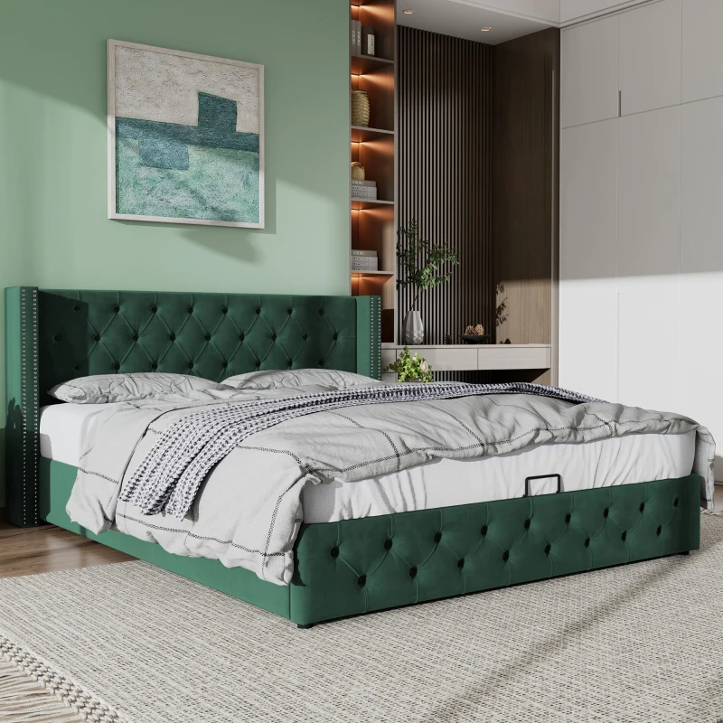 Upholstered Double Bed with Hydraulic Lever, Velvet Fabric, Ample Storage, 147x199x94.5 cm, Green