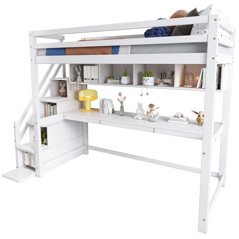 Children's Loft Bed with Storage Stairs, Pine Wood Frame, Large Desk with Storage and Shelves, 242x94x174 cm, White