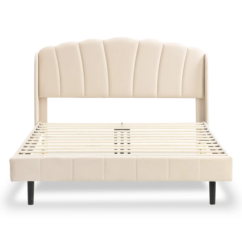 King Size Upholstered Bed with Body-Sensing LED Lights, Velvet Fabric, Slatted Frame, Mattress Not Included, 153x203.4x111.5 cm, Beige