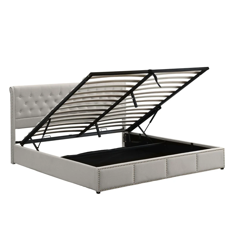Upholstered Wood Double Bed with Storage, Hydraulic Lever and Bench, Linen Fabric Ottoman Bed Frame, 136x197x102.5 cm, Light Grey