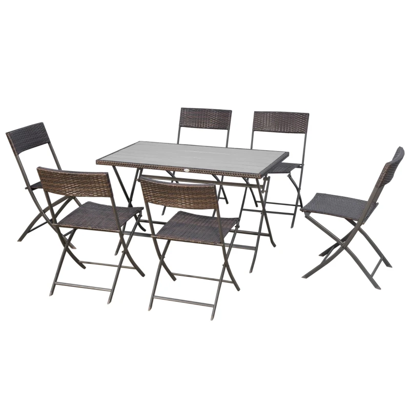 Outsunny Conjunto de Refeição de Vime Conjunto de Refeição 7 Peças com Mesa e 6 Cadeiras Dobráveis para Jardim Exterior Pátio Varanda Marrom