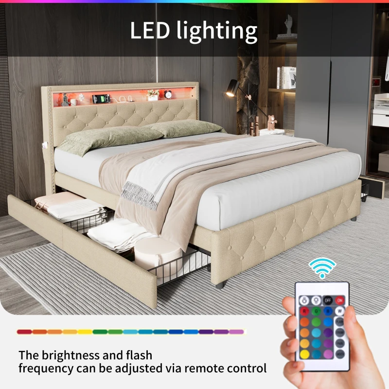 Upholstered Double Bed with LED Light, Bedside Pocket Design, Four Storage Drawers, Slatted Frame, Linen, 139.4x197.5x107 cm, Beige