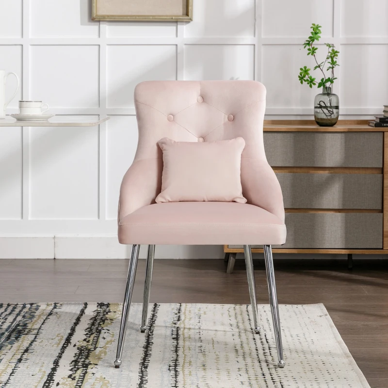 Button Pattern Modern Accent Dining Chair with Metal Legs and Lumbar Cushion, Upholstered Armchair, 54.5x58.5x87.5 cm, Pink