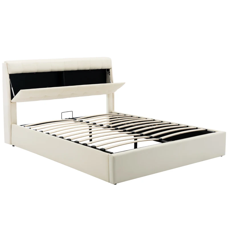 Fashion Double Bed Frame with Storage, Hydraulic Lift, Concealed Headboard Space and PU Material, 142x206x105 cm, Cream White