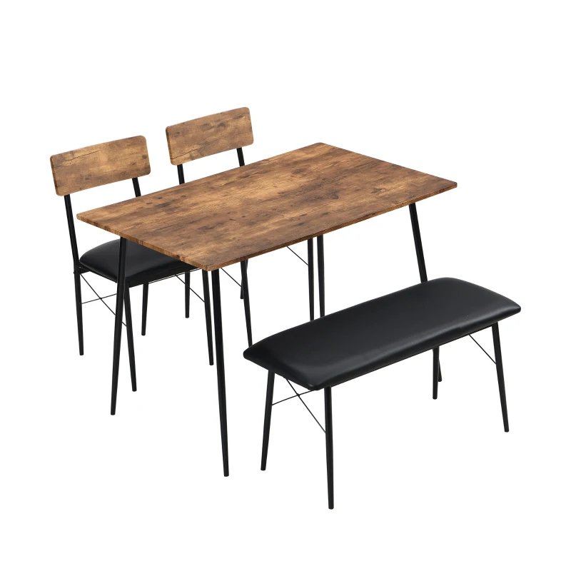 Industrial Dining Table and Chairs Set with Bench, Retro Kitchen Dining Set, MDF and Steel Frame, 110x70x79 cm, Brown