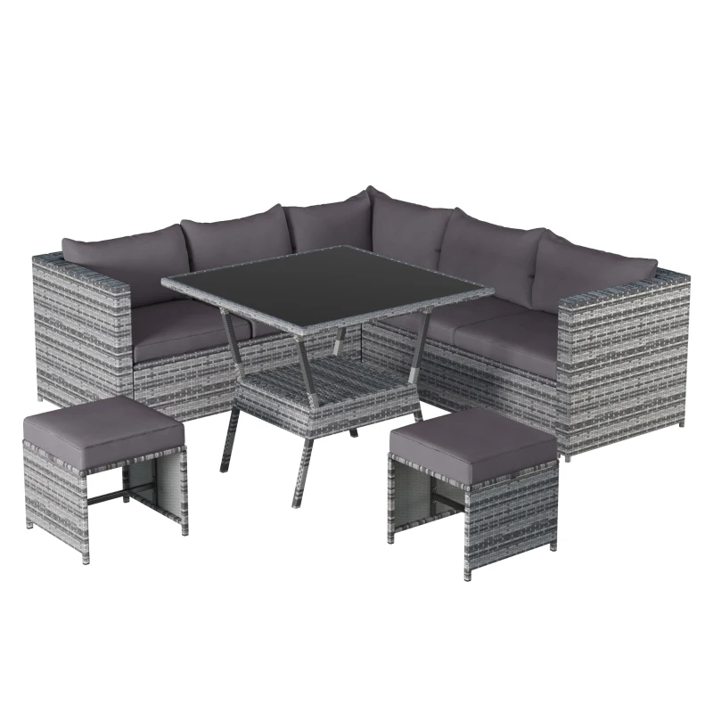 7 Seater Rattan Garden Patio Corner Sofa Set with High Glass Top Dining Table, 184x184x66 cm, Grey