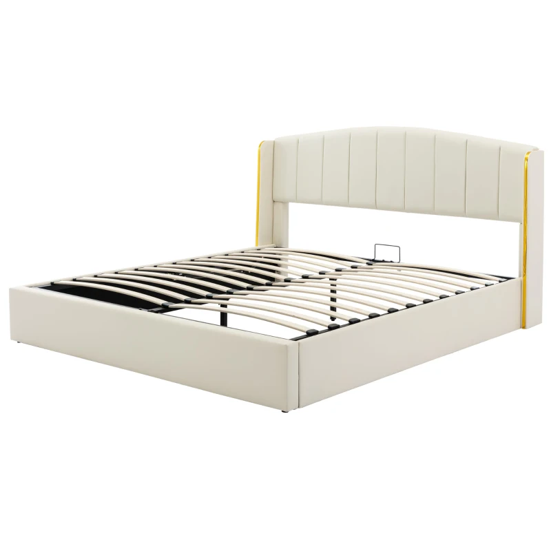 King Size Upholstered Bed with Hydraulic Storage, Gold Edge Ear Design, PU Material, Slat Frame and Headboard, 158x208x106 cm, Beige