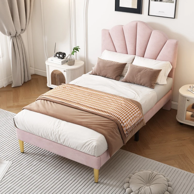 Velvet Upholstered Single Bed with Golden Iron Legs, Shell-Like Headboard, Adjustable Height, Wooden Slatted Frame, 95x195x130 cm, Pink