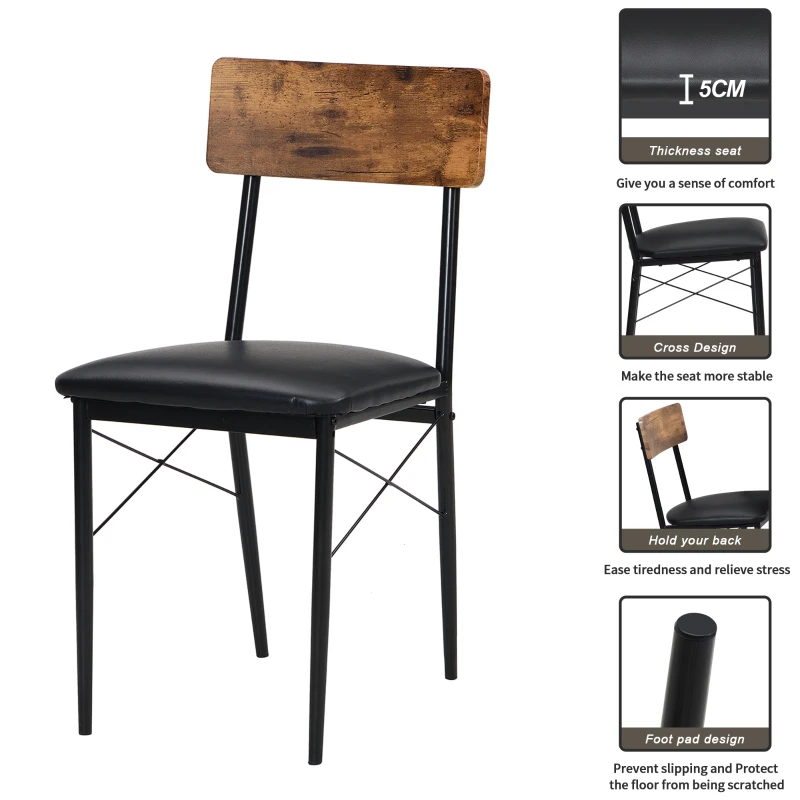 2-Seater Industrial Dining Room Table Sets with Rubber Feet Pad, Steel Legs, 3-Piece PU Leather Kitchen Table and Chairs, 70x70x75 cm, Brown