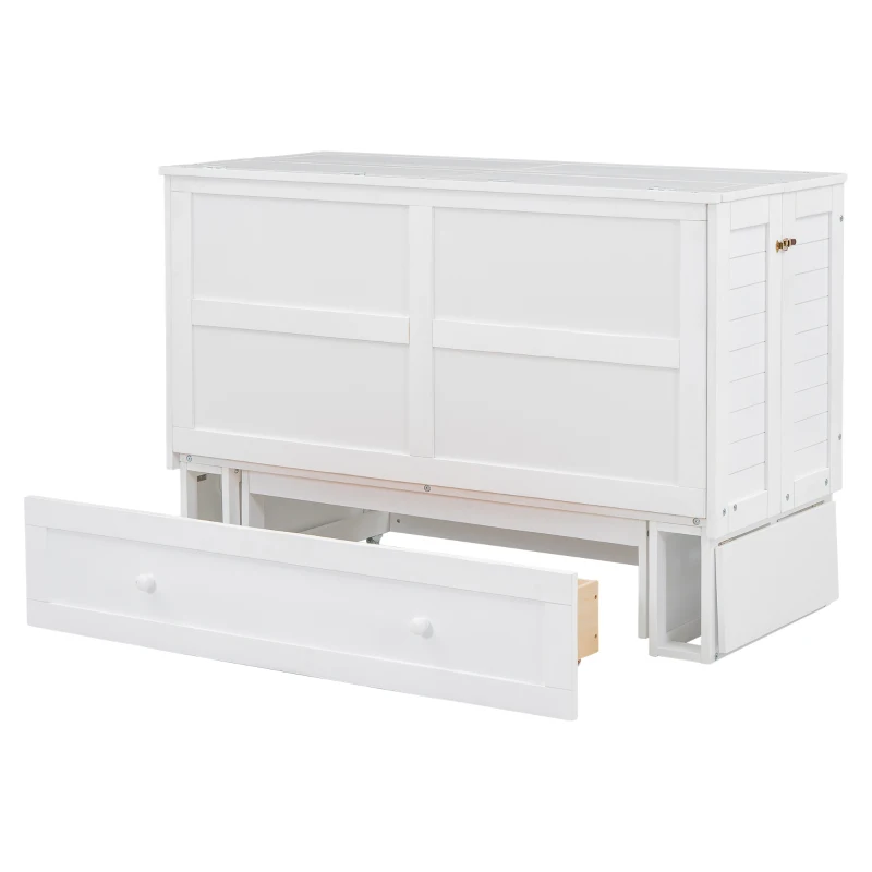 Double Murphy Bed with Foldable Shelves and Storage Drawers, Ideal for Home and Bedroom Furniture, 142x200x98 cm, White
