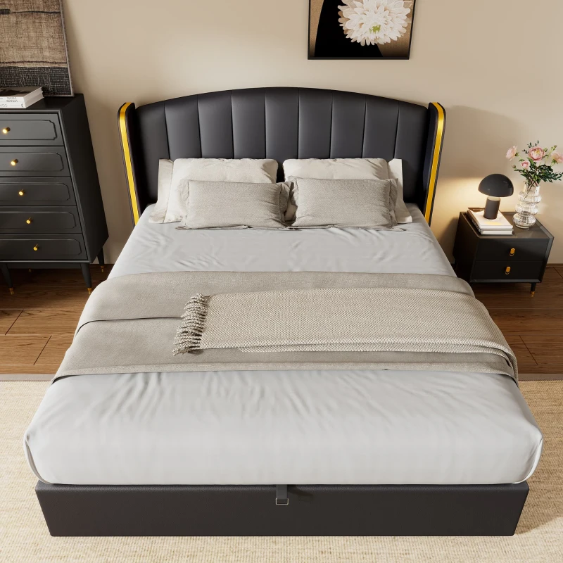 Stylish Upholstered Double Bed with Hydraulic Storage, Gold Edge Ear Design, PU Material, Slat Frame and Headboard, 143x198x106 cm, Black