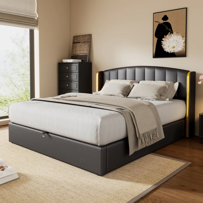 Stylish Upholstered Double Bed with Hydraulic Storage, Gold Edge Ear Design, PU Material, Slat Frame and Headboard, 143x198x106 cm, Black