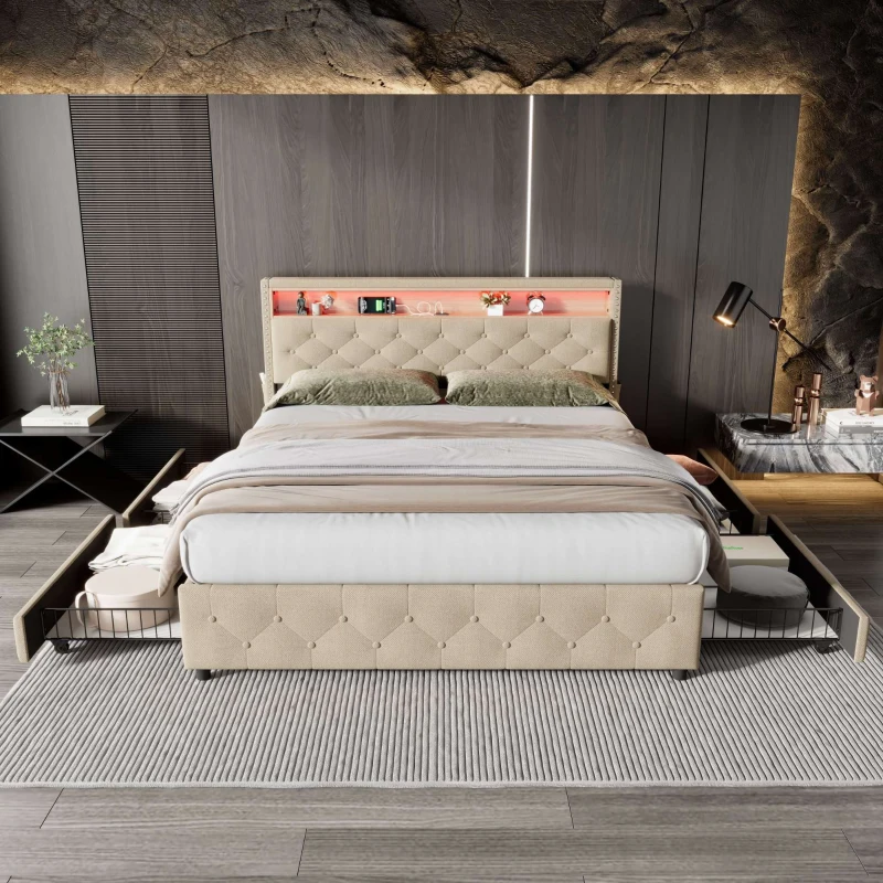 Upholstered Double Bed with LED Light, Bedside Pocket Design, Four Storage Drawers, Slatted Frame, Linen, 139.4x197.5x107 cm, Beige