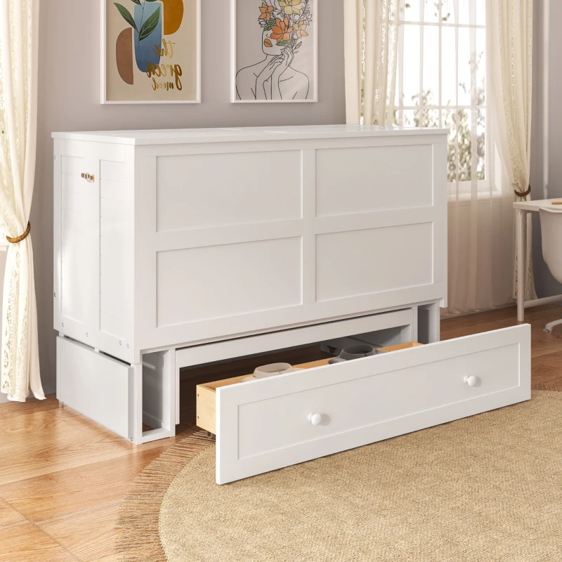 Double Murphy Bed with Foldable Shelves and Storage Drawers, Ideal for Home and Bedroom Furniture, 142x200x98 cm, White