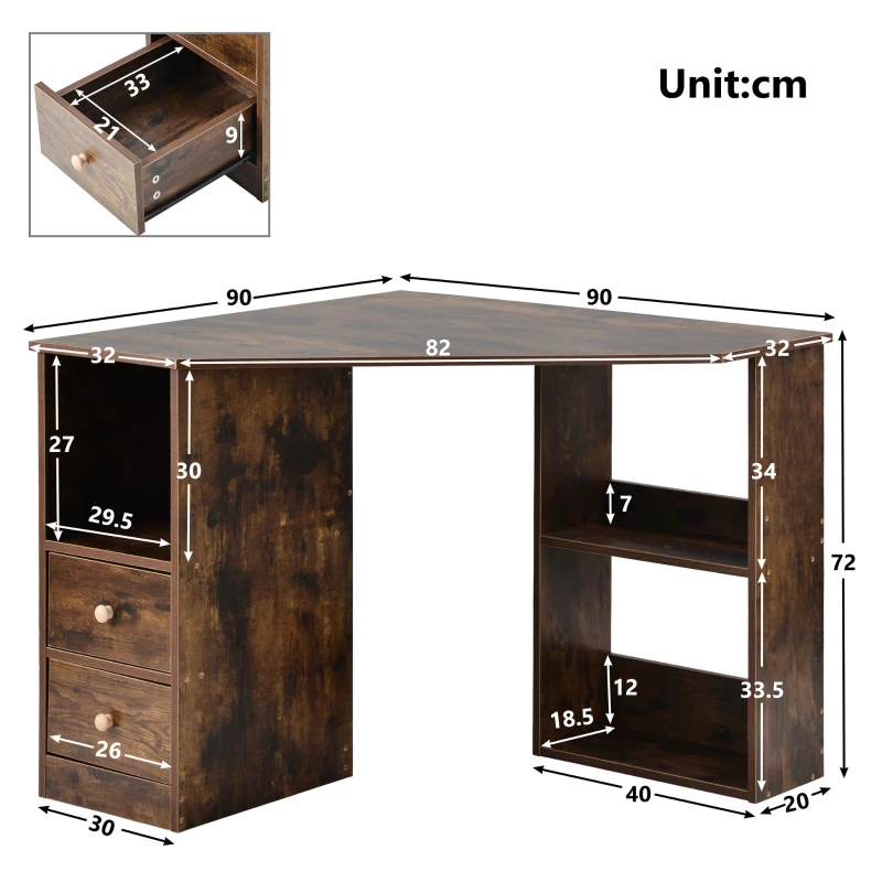 L-Shaped Corner Computer Desk with Large Storage Space, Study Desk for Home Office, 90x90x72 cm, Brown