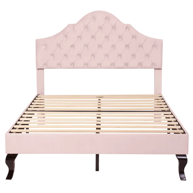 Upholstered Wooden Double Bed Frame with Adjustable Headboard, Velvet Fabric, Luxurious Slat Bed for Bedroom, 137x193x124 cm, Pink