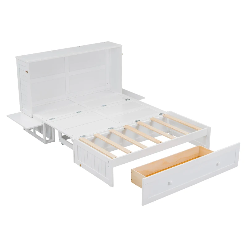 Double Murphy Bed with Foldable Shelves and Storage Drawers, Ideal for Home and Bedroom Furniture, 142x200x98 cm, White