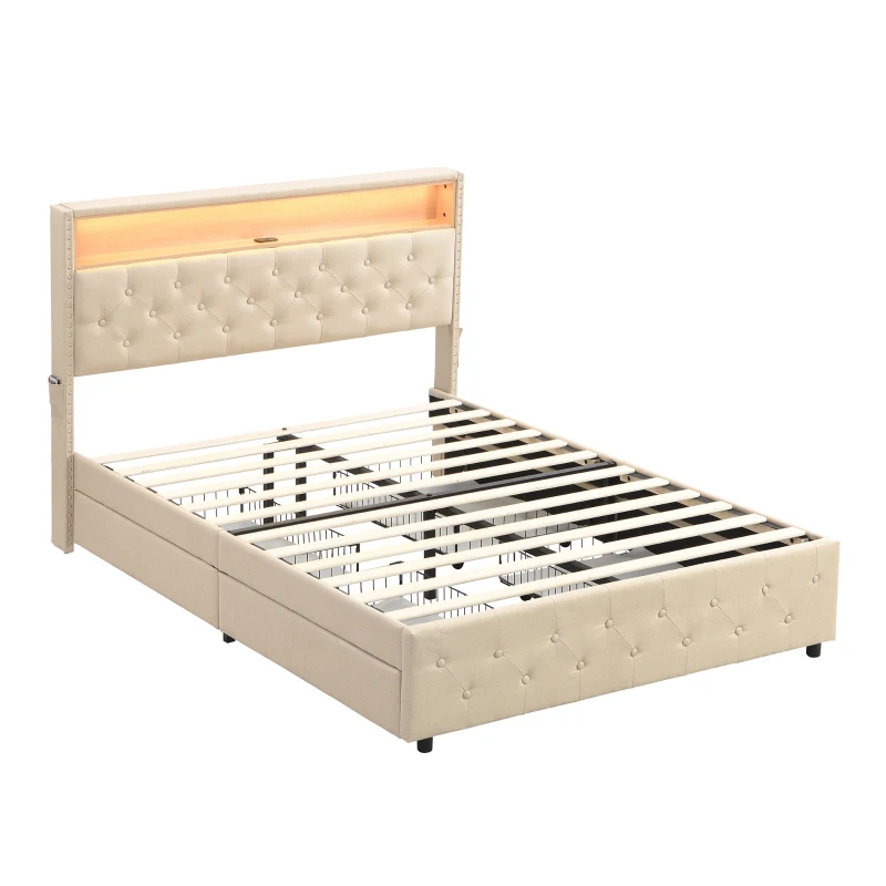 Upholstered Double Bed with LED Light, Bedside Pocket Design, Four Storage Drawers, Slatted Frame, Linen, 139.4x197.5x107 cm, Beige