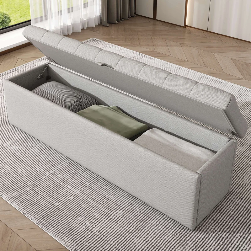 Upholstered Wood Double Bed with Storage, Hydraulic Lever and Bench, Linen Fabric Ottoman Bed Frame, 136x197x102.5 cm, Light Grey