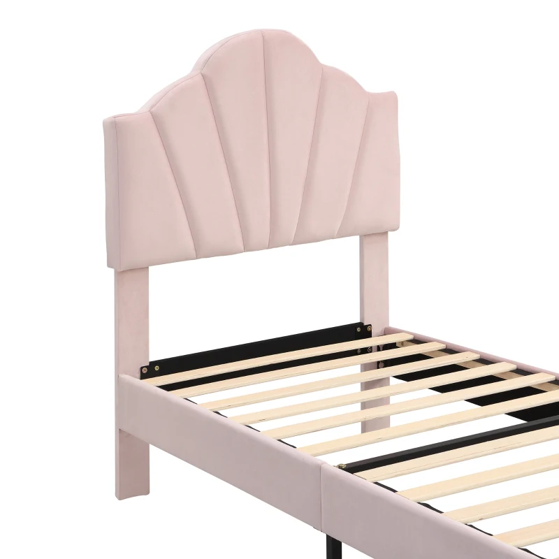 Velvet Upholstered Single Bed with Golden Iron Legs, Shell-Like Headboard, Adjustable Height, Wooden Slatted Frame, 95x195x130 cm, Pink