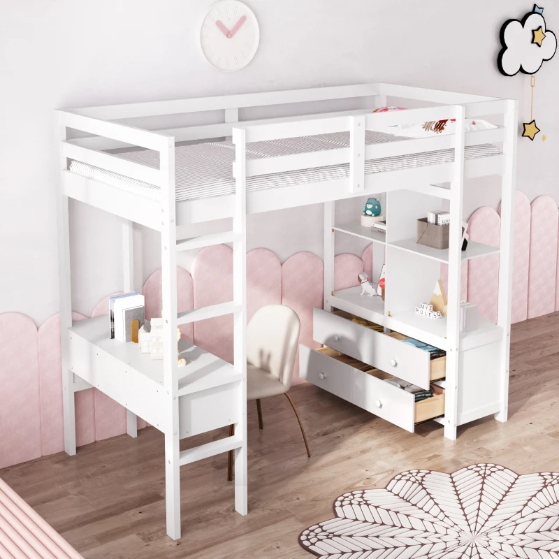 Single Loft Bed with Desk and Drawers, 3ft Pine Wood Children's Bed with Storage Compartments and Anti-Fall Railings, 196x100x164.5 cm, White
