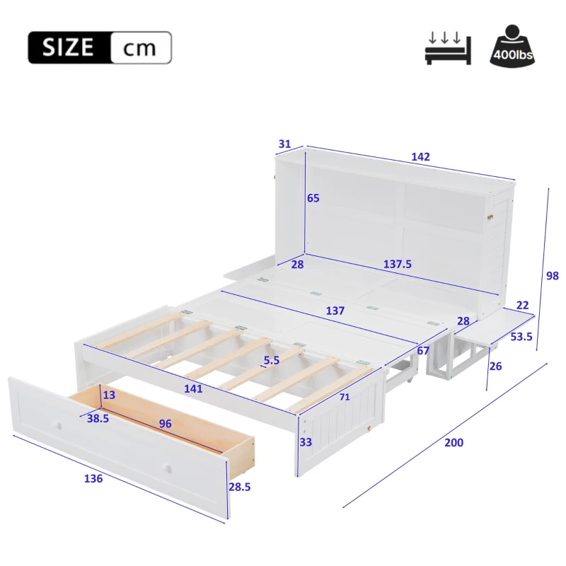 Double Murphy Bed with Foldable Shelves and Storage Drawers, Ideal for Home and Bedroom Furniture, 142x200x98 cm, White