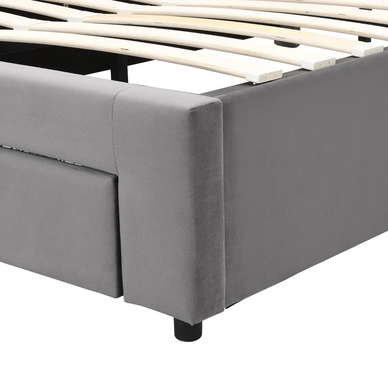 Upholstered Double Bed with Velvet Fabric, Adjustable Headboard and Large Storage Space, 141x190x101 cm, Grey