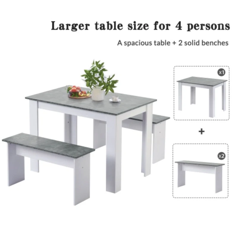 Table and Chairs Set with 2 Benches and Artificial Marble Top, Compact Design Dining Set, Easy Assembly, 108x65x75 cm, Gray