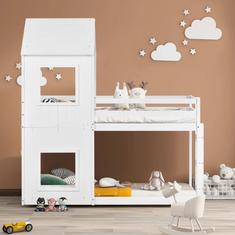 Treehouse Bunk Bed with Canopy and Ladder, Single Cabin Bed Frame, Pinewood Mid-Sleeper, Wooden Playhouse for Kids, 206x97.8x209 cm, White