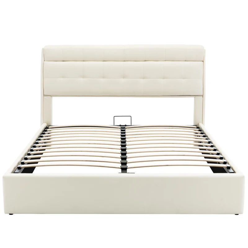 Fashion Double Bed Frame with Storage, Hydraulic Lift, Concealed Headboard Space and PU Material, 142x206x105 cm, Cream White
