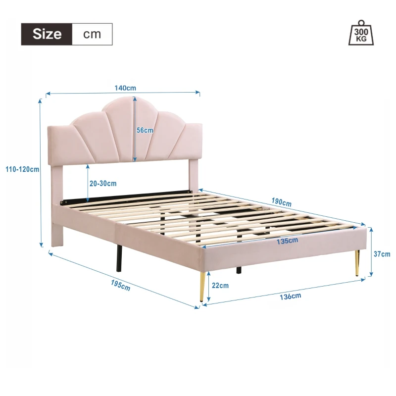 Velvet Double Sofa Bed with Shell-Like Headboard and Golden Iron Legs, Wooden Double Bed Frame with Sturdy Slats, 140x195X120 cm, Pink
