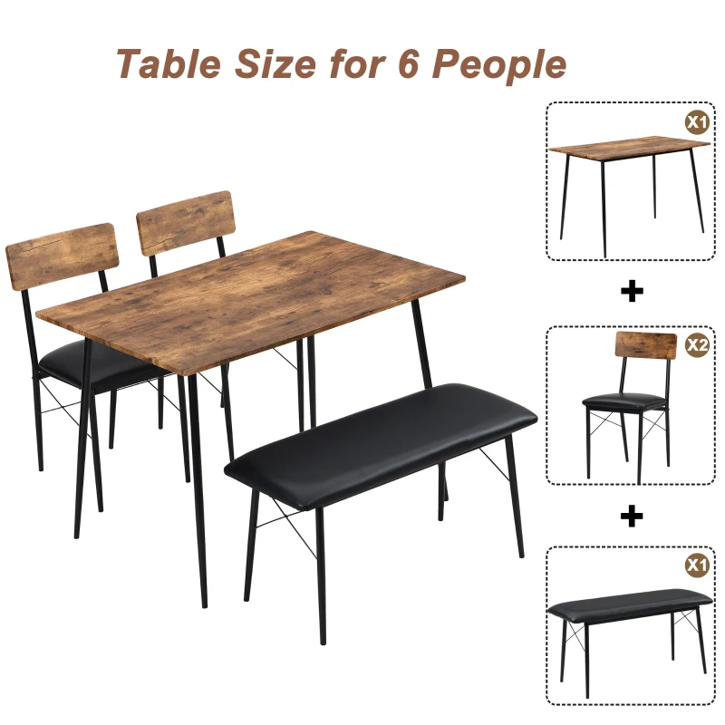 Industrial Dining Table and Chairs Set with Bench, Retro Kitchen Dining Set, MDF and Steel Frame, 110x70x79 cm, Brown