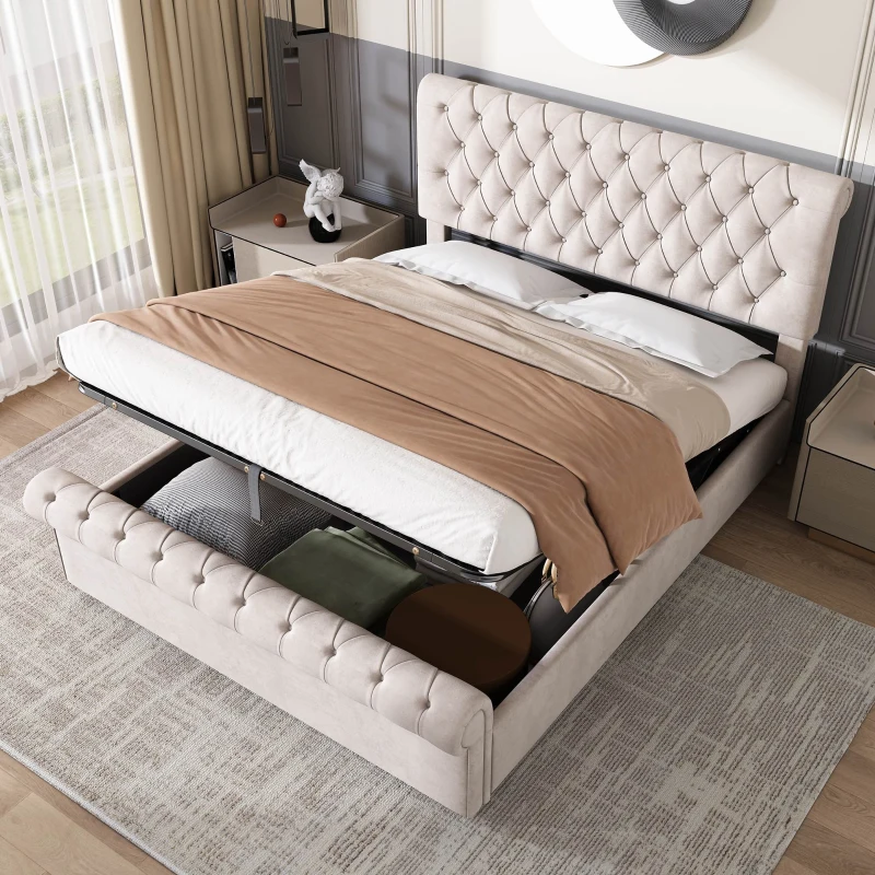 5ft King Size Luxurious Velvet Button Tufted Sleigh Bed with Hidden Storage, Adjustable Headboard, and Sturdy Frame, 160x228x107 cm, Beige