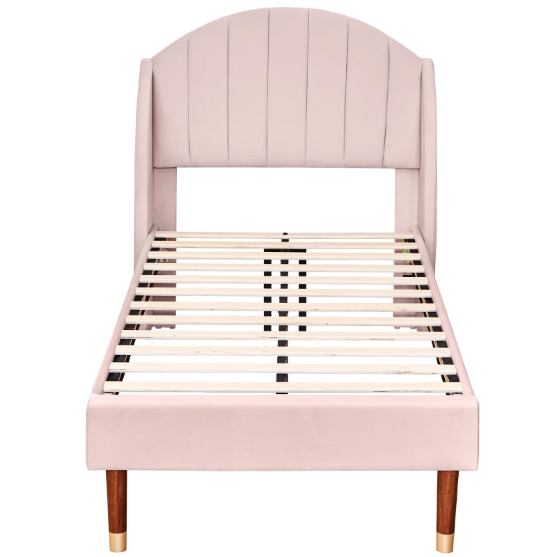 Upholstered Pink Bed with Slatted Frame and Headboard, Velvet Fabric Girls Bed, Easy Assembly, 100x196x108 cm, Pink