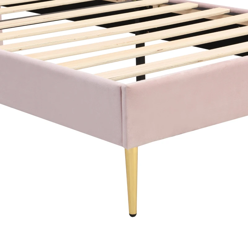 Velvet Upholstered Single Bed with Golden Iron Legs, Shell-Like Headboard, Adjustable Height, Wooden Slatted Frame, 95x195x130 cm, Pink